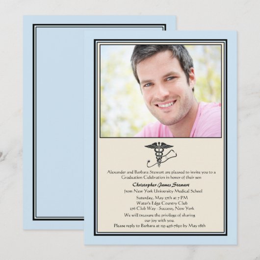 MD Afstuderen Blue Photo Invitation Kaart (Voorkant / Achterkant)