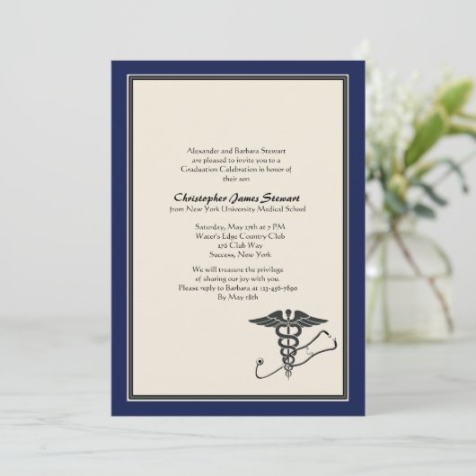 MD Afstuderen Invitation Navy Blue Kaart (Staand voorkant)