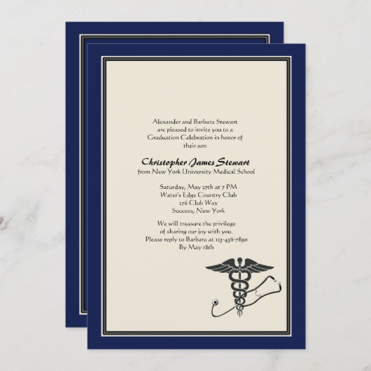 MD Afstuderen Invitation Navy Blue Kaart (Voorkant / Achterkant)