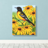 MD State Bird Oriole & Black-eyed Susan Flower Canvas Afdruk (Insitu (Houten vloer))