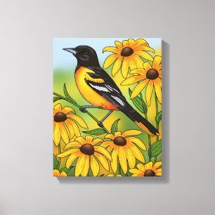 MD State Bird Oriole & Black-eyed Susan Flower Canvas Afdruk