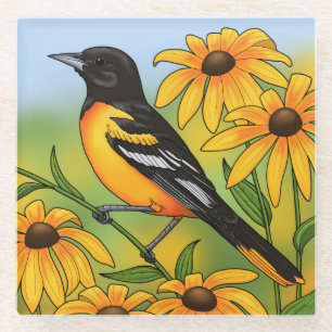 MD State Bird Oriole & Black-eyed Susan Flower Glazen Onderzetter
