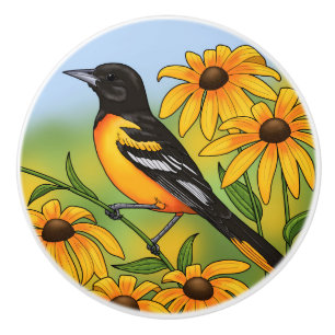 MD State Bird Oriole & Black-eyed Susan Flower Keramische Knop