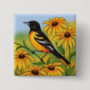 MD State Bird Oriole & Black-eyed Susan Flower Vierkante Button 5,1 Cm