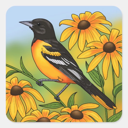 MD State Bird Oriole & Black-eyed Susan Flower Vierkante Sticker (Voorkant)