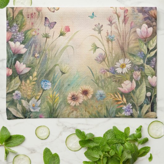 Meadow bloemen en vlinders theedoek (Gevouwen)