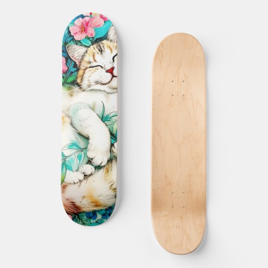 Meadow Blossom Cat Bliss Waterverf Persoonlijk Skateboard (Voorkant)