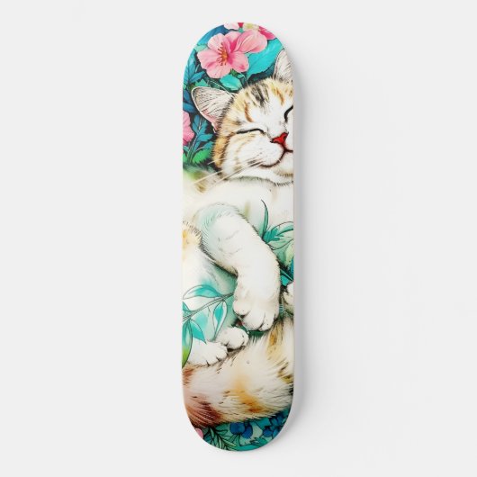 Meadow Blossom Cat Bliss Waterverf Persoonlijk Skateboard (Voorkant)