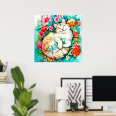 Meadow Blossom Cat Bliss Waterverf Poster (Thuiskantoor)