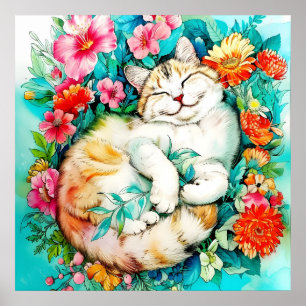 Meadow Blossom Cat Bliss Waterverf Poster