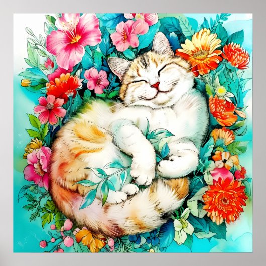 Meadow Blossom Cat Bliss Waterverf Poster (Voorkant)