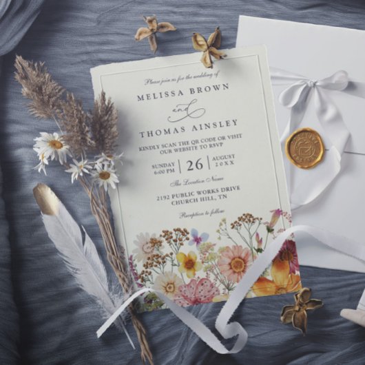 Meadow Bohemian Wildflower Rustic QR Code Wedding Kaart