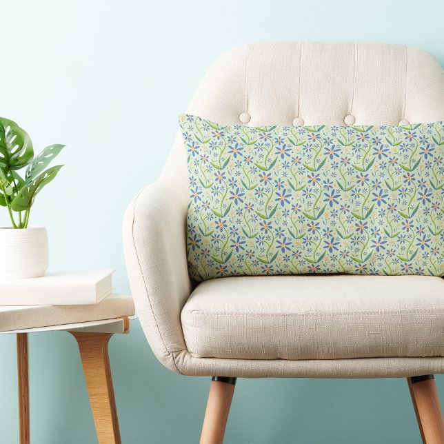 Meadow | Dancing Watercolor Daisies Kussen (Light and joyful dancing daisies floral pattern on a fresh mint green background. )