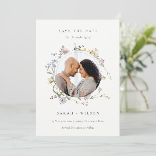 Meadow Floral Wreatfoto Save the Date Invite Bedankkaart (Staand voorkant)