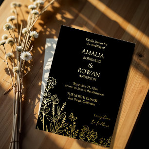 Meadow Flowers Black en Gold Wedding Folie Uitnodiging