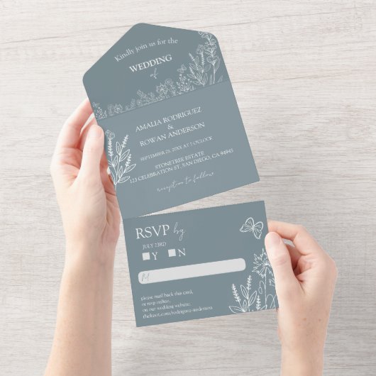 Meadow Flowers Blauw Grijs Wedding RSVP All In One Uitnodiging (Afscheurbaar)
