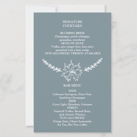Meadow Flowers Blue Grey Wedding Budget Menu (Achterkant)