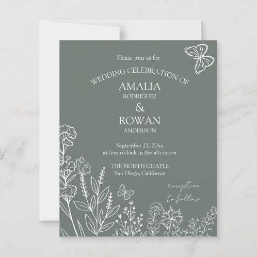Meadow Flowers Sirocco Green Wedding Budget Uitnod (Voorkant)