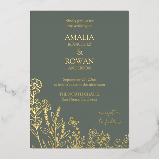 Meadow Flowers Sirocco Green Wedding Folie Uitnodiging (Voorkant)