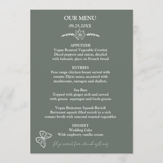 Meadow Flowers Sirocco Green Wedding Menu (Voorkant)