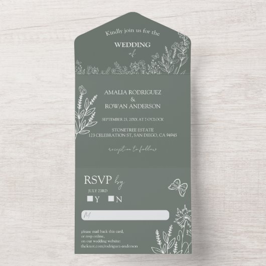 Meadow Flowers Sirocco Green Wedding RSVP All In One Uitnodiging (Binnen)