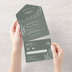 Meadow Flowers Sirocco Green Wedding RSVP All In One Uitnodiging