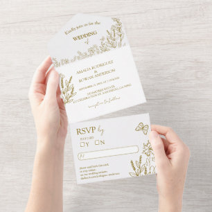 Meadow Flowers White en Gold Wedding RSVP All In One Uitnodiging