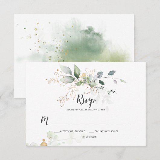 Meadow Green en Gold Botanicals RSVP Kaartje (Voorkant / Achterkant)