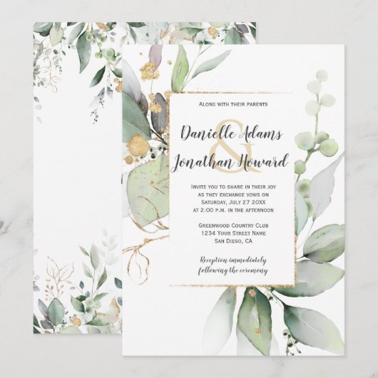 Meadow Green en Gold Leaves Geometric Wedding Inv Kaart (Voorkant / Achterkant)