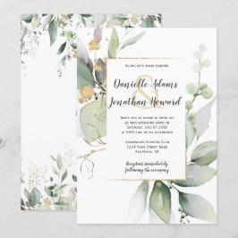 Meadow Green en Gold Leaves Geometric Wedding Inv Kaart