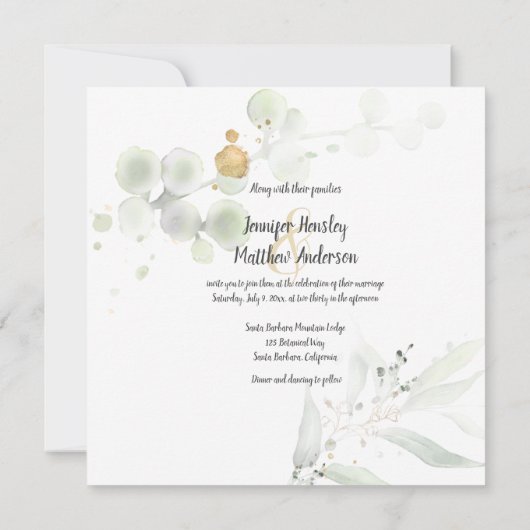 Meadow Groen Goud Ingelijste Bladeren Bruiloft Kaart (Achterkant)