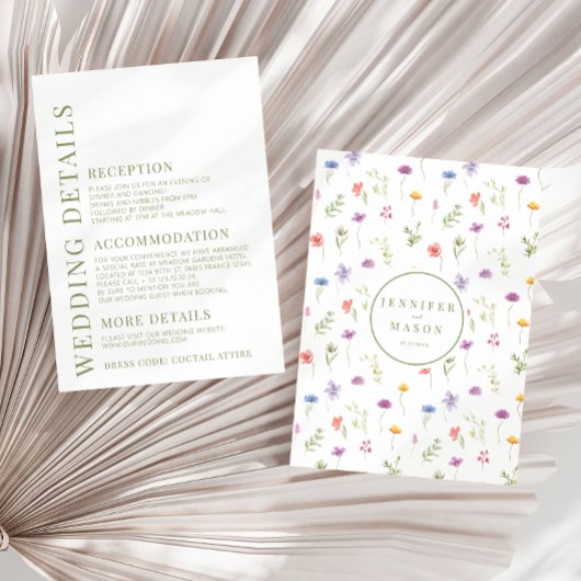 Meadow kleurrijke wilde bloem bruiloft details informatiekaartje