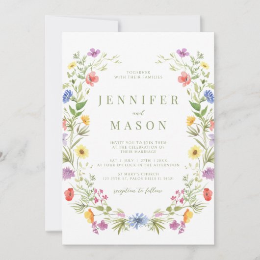 Meadow kleurrijke wildflower boho bruiloft uitnodi kaart (Voorkant)
