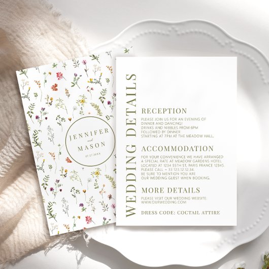Meadow kleurrijke wildflower bruiloft details kaar informatiekaartje