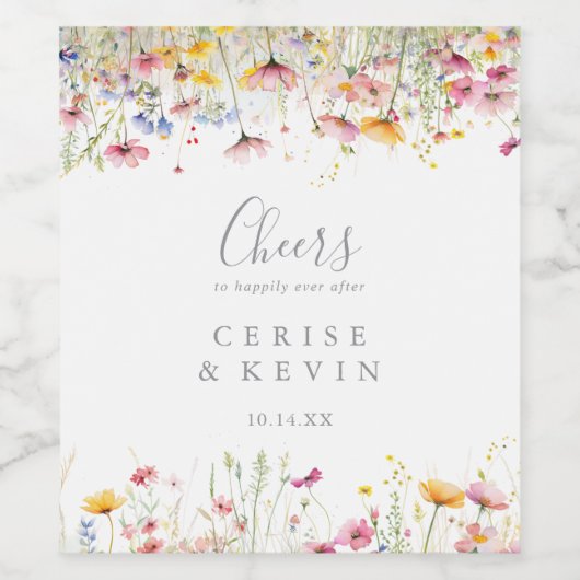 Meadow Kleurrijke Wildflower Cheers Wedding Wijn Etiket (Enkel label)