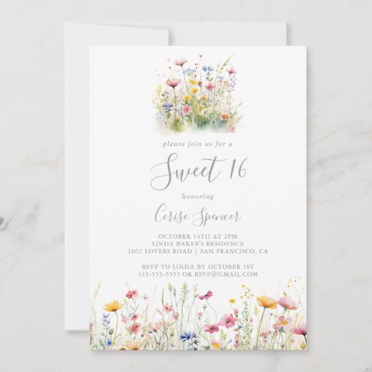 Meadow Kleurrijke Wildflower Sweet 16 Verjaardagsf Kaart (Voorkant)