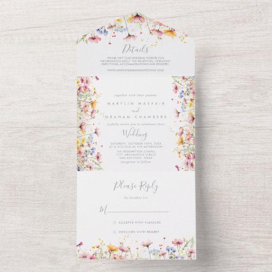 Meadow Kleurrijke Wildflower Wedding All In One Uitnodiging (Binnen)