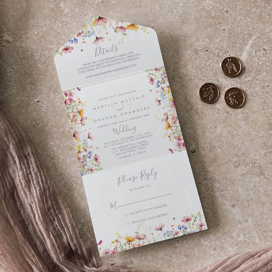 Meadow Kleurrijke Wildflower Wedding All In One Uitnodiging