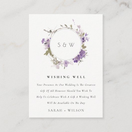 Meadow Lila Bloemen Krans Trouwen Wishing Well Informatiekaartje (Voorkant)