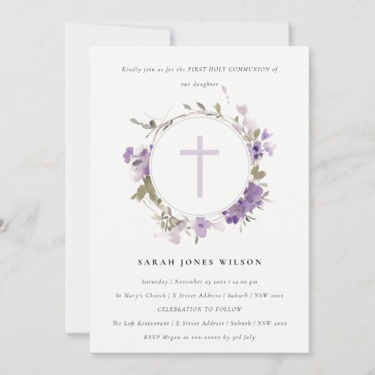 Meadow Lila Bloemenkrans Eerste Heilige Communie Kaart (Voorkant)
