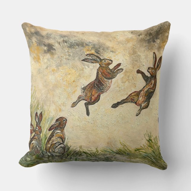 Meadow Matchup Playful Hares in a Meadow  Kussen (Voorkant)