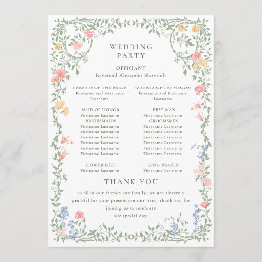 Meadow Pastel Franse Rozen Bloemen Huwelijksceremo Programmakaart (Achterkant)