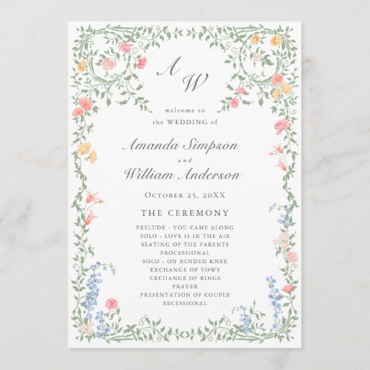 Meadow Pastel Franse Rozen Bloemen Huwelijksceremo Programmakaart (Voorkant)