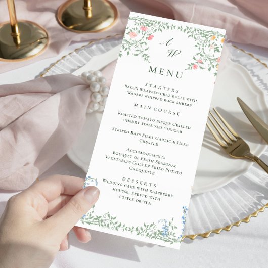 Meadow Pastel Franse Rozen Bloemen Trouwdiner Menu