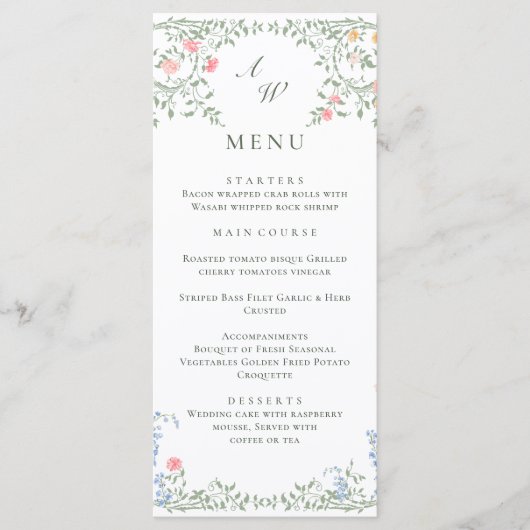 Meadow Pastel Franse Rozen Bloemen Trouwdiner Menu (Voorkant)
