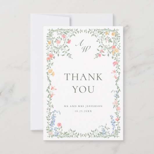 Meadow Pastel Franse Rozen Bloemenbruiloft Bedankkaart (Voorkant)
