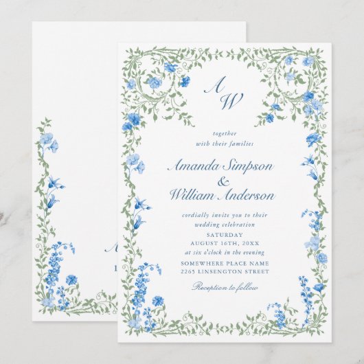 Meadow Pastel Franse Rozen Bloemenbruiloft Kaart (Voorkant / Achterkant)