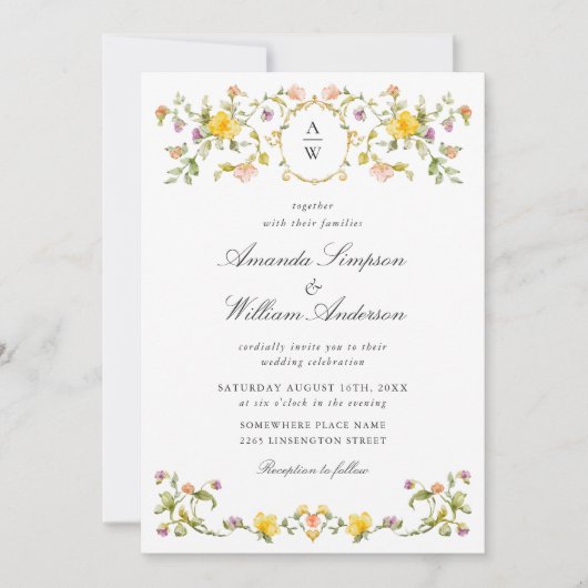 Meadow Pastel Franse Rozen Bloemenbruiloft Kaart (Voorkant)