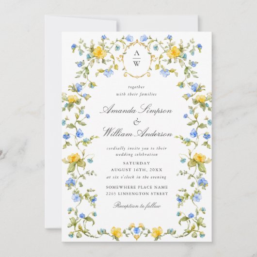 Meadow Pastel Franse Rozen Bloemenbruiloft Kaart (Voorkant)