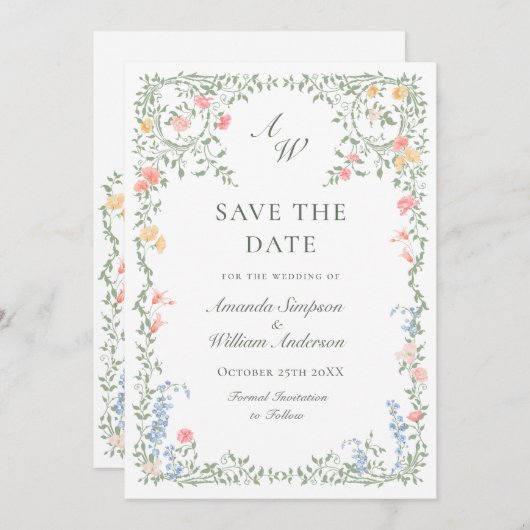 Meadow Pastel Franse Rozen Bloemenbruiloft Save The Date (Voorkant / Achterkant)